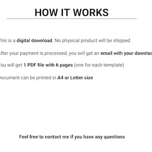 May include: A blue, gray, and white graphic with four circles and text explaining how a digital download works. The text says "This is a digital download. No physical product will be shipped. After your payment is processed, you will get an email with your download. You will get 1 PDF file with 6 pages (one for each template). Document can be printed in A4 or Letter size. Feel free to contact me if you have any questions."