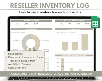 Reseller Inventory Log - Reseller Inventory Spreadsheet - Profit tracker - Google Sheets - Poshmark Ebay Mercari