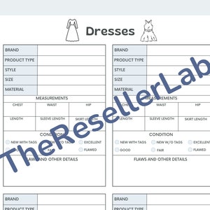 May include: A printable form for listing dresses for sale. The form includes sections for brand, product type, style, size, material, measurements, condition, and flaws and other details.