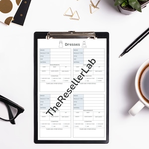May include: A black and white checklist on a clipboard with the title "Dresses". The checklist includes sections for brand, product type, style, size, material, measurements, condition, and flaws and other details.
