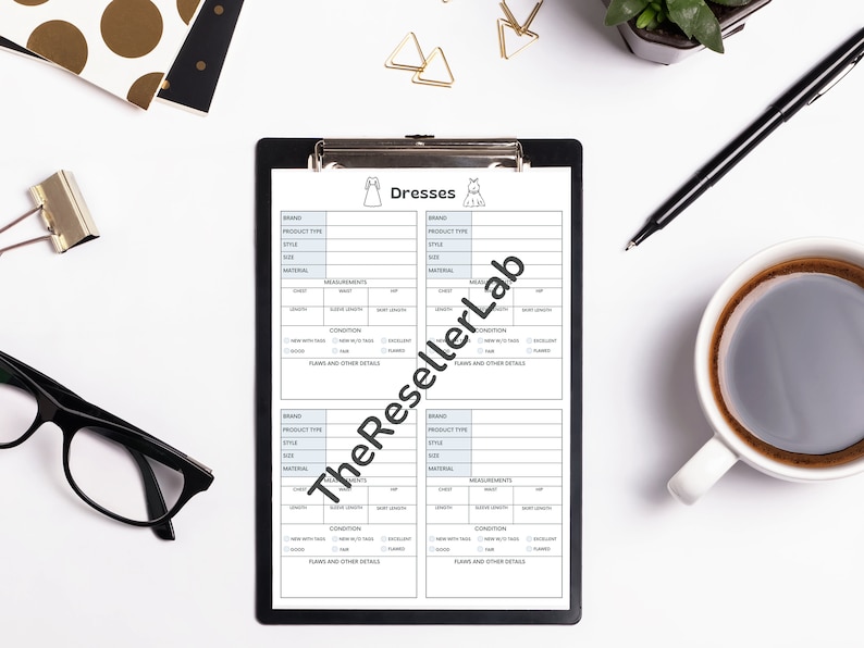 May include: A black and white checklist on a clipboard with the title "Dresses". The checklist includes sections for brand, product type, style, size, material, measurements, condition, and flaws and other details.