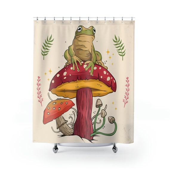 Goblincore Frog Sitting on Mushroom Shower Curtain, Mushroom Shower Curtain, Cottegecore Shower Curtain, Goblincore decor
