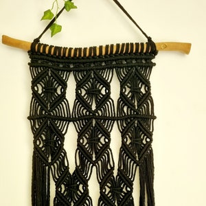 Black Macrame Wall Hanging With Driftwood and Black Crystal 