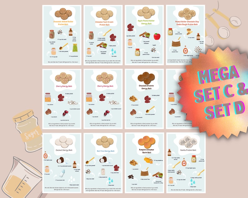 May include: A set of printable recipe cards for making different flavors of energy balls. The cards feature illustrations of the ingredients and the finished product. The cards are labeled with the names of the energy balls, such as "Chocolate Almond Butter Protein Balls" and "Cherry Energy Balls".