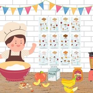 May include: A cartoon chef with a red bowl and a whisk, preparing a recipe with ingredients like bananas, apples, milk, honey, and nuts.  The image includes a set of printable recipe cards with different energy bar recipes.