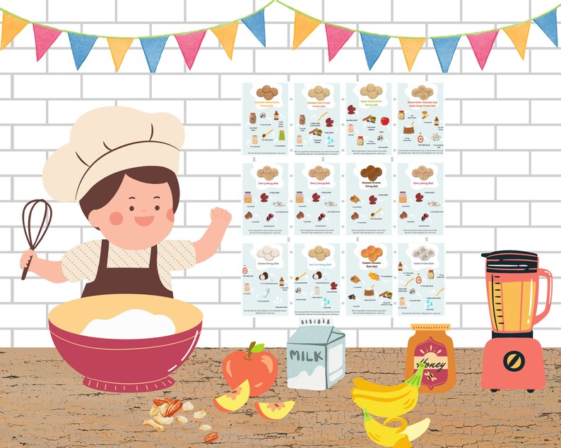 May include: A cartoon chef with a red bowl and a whisk, preparing a recipe with ingredients like bananas, apples, milk, honey, and nuts.  The image includes a set of printable recipe cards with different energy bar recipes.