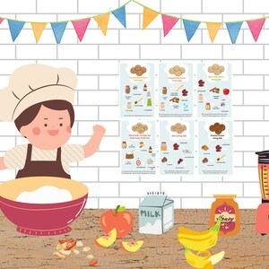 May include: A cartoon chef with a red and yellow bowl, a whisk, and ingredients for making energy bites. The ingredients include apples, bananas, honey, milk, oats, nuts, and dried cherries. There are six recipe cards with different energy bite flavors: Apple Pie Butter, Banana Chocolate Chip, Cherry Pie Joy, Cinnamon Brown Sugar, Peanut Butter Protein, and Almond Chocolate Chip.
