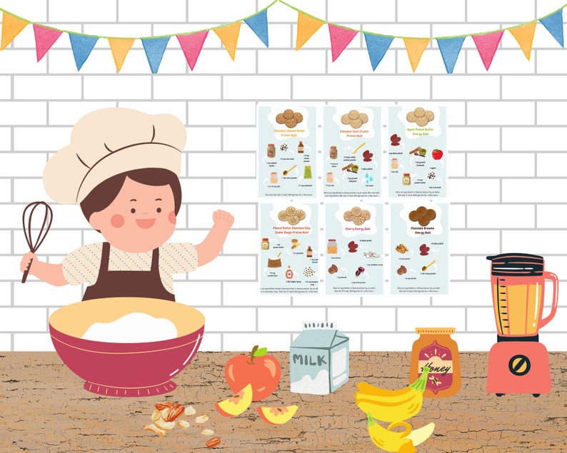 May include: A cartoon chef with a red and yellow bowl, a whisk, and ingredients for making energy bites. The ingredients include apples, bananas, honey, milk, oats, nuts, and dried cherries. There are six recipe cards with different energy bite flavors: Apple Pie Butter, Banana Chocolate Chip, Cherry Pie Joy, Cinnamon Brown Sugar, Peanut Butter Protein, and Almond Chocolate Chip.