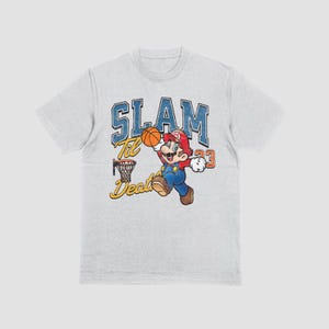 May include: A gray t-shirt with a vintage-style graphic of Mario playing basketball. The graphic says "SLAM Til Death 33".