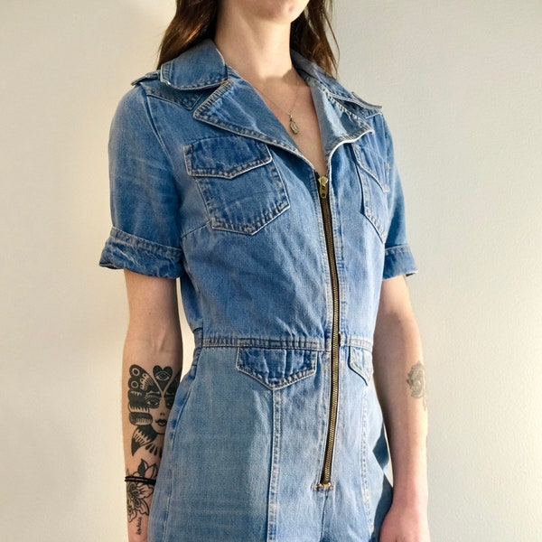 Vintage 70s Denim Short Sleeve Straight Leg Coverall Jumpsuit