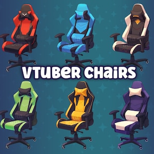 Peut inclure: Six chaises de jeu de différentes couleurs, dont le rouge, le bleu, le vert, le jaune et le violet. Chaque chaise a un appui-tête et un dossier avec un design unique. Les chaises sont toutes sur roulettes et ont un texte "VTuber Chairs" superposé.