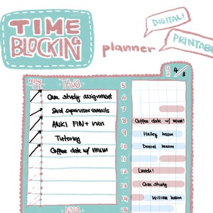 May include: A digital and printable time-blocking planner with a teal and pink color scheme. The planner includes sections for tasks, notes, and a schedule. The text "TIME BLOCKING" is prominently displayed, along with "DIGITAL!" and "PRINTABLE!"