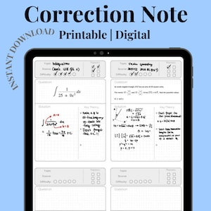May include: A digital correction note template with two example math problems. The first problem is an integration problem and the second problem is a vector geometry problem. Both problems have handwritten solutions and key theory notes.