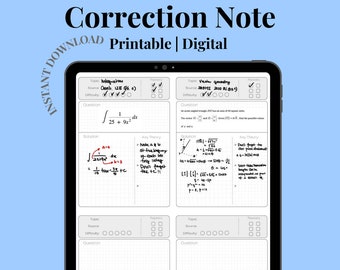 Digital correction note template | Printable correction note | Instant Download