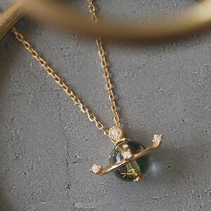 14K Gold Vermeil Planet Pendant Necklace, Clear Crystal Saturn Necklace ...