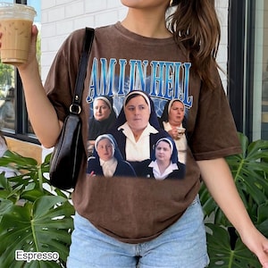 May include: A brown short-sleeve t-shirt featuring a graphic print of four individuals wearing white habits and veils. The text AM IN HELL is printed in blue above the figures, set against a background of blue lightning. The shirt has a crew neckline.