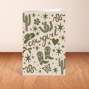 Impresión de vaquera occidental / Suroeste / Tarjeta de felicitación / Tarjeta de agradecimiento / Tarjeta del oeste / Collage de vaquera verde intenso