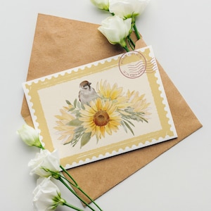 tournesol de petit oiseau | postale | Carte sincère mignonne | de voeux | Saint-Valentin | Carte de correspondance