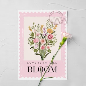 Cartão impresso Love Is In Full Bloom | Floral botânico | Dia dos namorados | Cartão postal | Cartão bonito e sincero