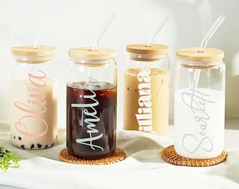 Personalized Iced Coffee Cup 16oz Glass Cup Custom Beer Can Glass with Lid and Straw Bridesmaid Gift Bridesmaid Proposal Custom Coffee Cup