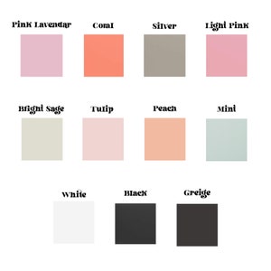 Vinyl text color options for customizing the keychains. Displayed hues include: Pink Lavender, a warm Coral, shimmering Silver, gentle Light Pink, lively Bright Sage, soft Tulip, fresh Peach, cool Mint, stark White, deep Black, and neutral Greige.