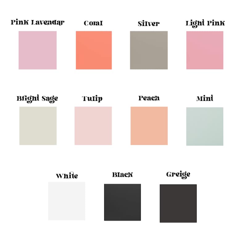 Vinyl text color options for customizing the keychains. Displayed hues include: Pink Lavender, a warm Coral, shimmering Silver, gentle Light Pink, lively Bright Sage, soft Tulip, fresh Peach, cool Mint, stark White, deep Black, and neutral Greige.
