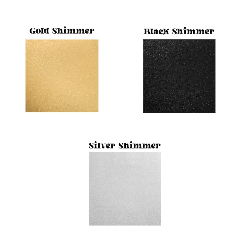 Image highlighting the shimmering text color options for personalizing retro motel keychains. Featured shades include: Gold Shimmer, a radiant, opulent gold; Black Shimmer, a deep, sparkling black; and Silver Shimmer, a gleaming, metallic silver.