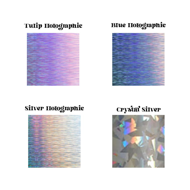 Holographic text color options for customizing keychains. Displayed choices are: Tulip, purple with prismatic reflections; Blue with multi-faceted shimmer; Silver enhanced by a rainbow gleam; and Crystal Silver, a silver hue with sparkle.