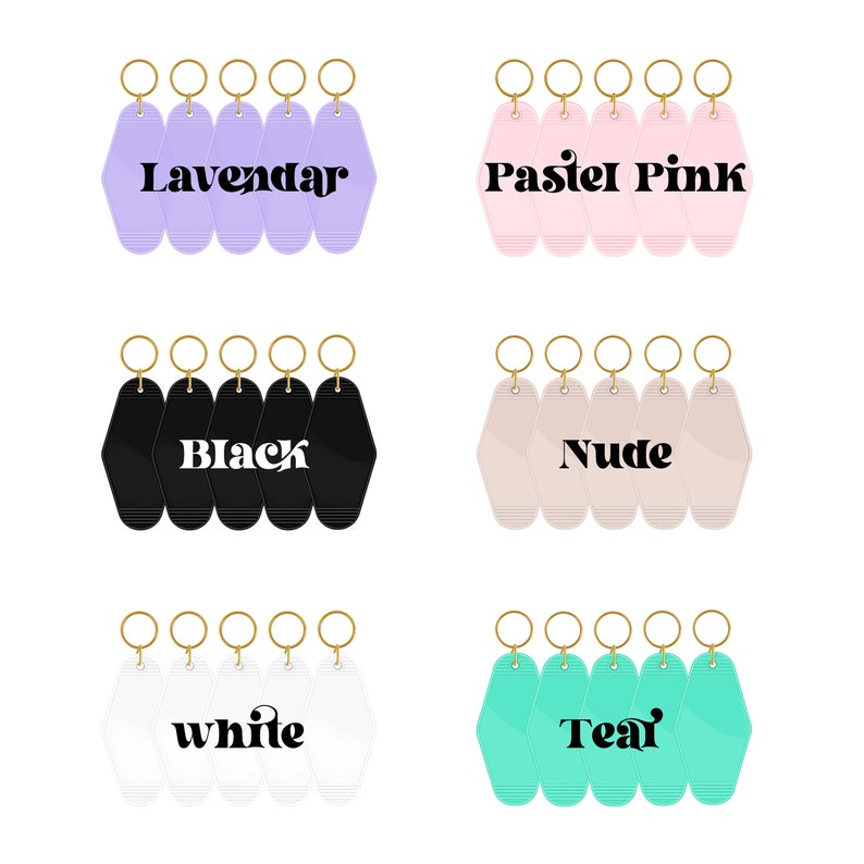 Image displaying an array of retro motel keychains in various available colors: a soft lavender, a delicate pastel pink, a deep black, a muted nude, a crisp white, and a vibrant teal, showcasing the diverse palette for potential buyers.