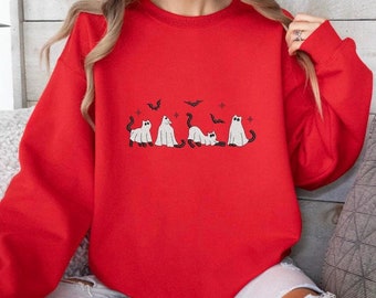 Sudadera y camiseta de Halloween con lindo gato negro fantasma, sudaderas con capucha de otoño, gato negro con murciélagos, suéteres espeluznantes, temporada de otoño, ropa para la vuelta al cole