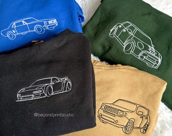 Custom Car Portrait Embroidered Hoodie, Custom Cars Portrait Matching Sweater, Cars Lover Couple Jumper, Memorial Portrait New Dad Gifts