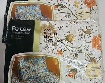 Vintage JC Penney Juliet Twin Size 1 Fitted & 1Flat Sheet Brown Orange Roses NEW