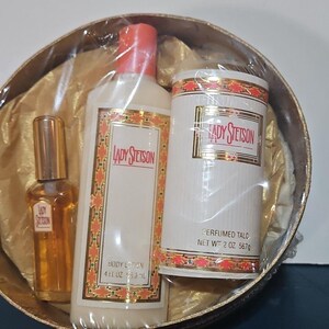 Vintage Lady Stetson gift set, cologne spray, Talc Powder Body Lotion Hat Box image 4