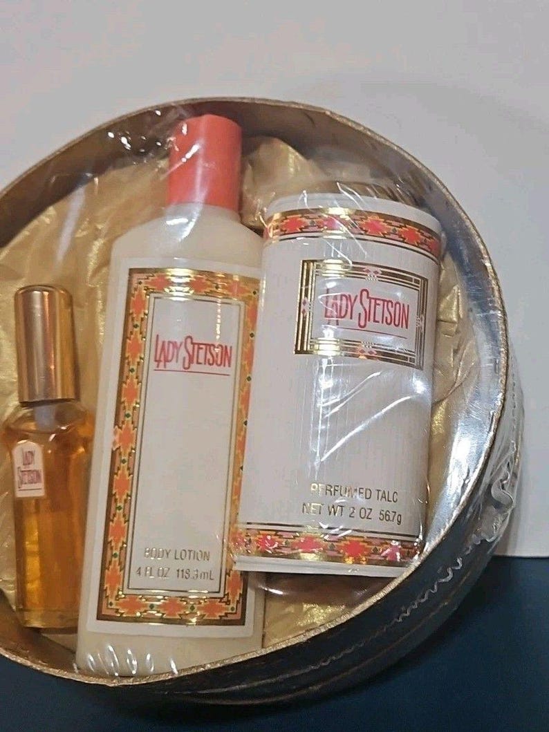 Vintage Lady Stetson gift set, cologne spray, Talc Powder Body Lotion Hat Box image 2