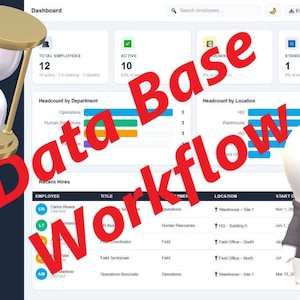 May include: A digital dashboard interface with data visualizations, including charts and employee information. A golden hourglass and a cartoon figure in a suit are also present. The words "Data Base Workflow" are overlaid in red.