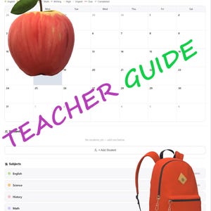 May include: A digital calendar for May 2026 with a red apple and a red backpack. The calendar shows subjects, entries, and due dates. The words "TEACHER GUIDE" are written across the image.