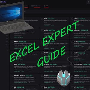 May include: A laptop, mouse, and Excel guide are featured in this image. The laptop displays a Windows interface. The mouse is gray and teal. The words "EXCEL EXPERT GUIDE" are written in green. The background is a dark gray with white text.