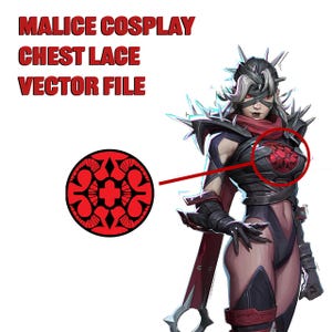 May include: A vector file for a chest lace cosplay design. The design features a red and black symbol with a cross in the center. The symbol is surrounded by a black lace pattern.