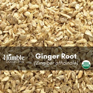May include: A collection of dried, light tan, chopped ginger root pieces. A dark horizontal band across the centre features the white text Humble Collective, Ginger Root (Zingiber officinale), and a circular green USDA Organic logo.