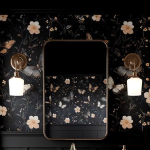 Dark Butterflies Wallpaper Self Adhesive, Dark Botanical Peel and Stick Wallpaper, Moody Black Botanical Wallpaper, Dark Academia Wallpaper