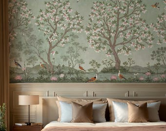 Green Chinoiserie Bird and Blossom Wallpaper, Panoramic Asian Trees Peel and Stick Wall Mural, Soft Floral Garden Wall Covering