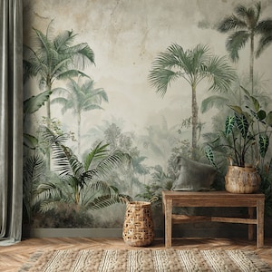 Rainforest Wallpaper, Vintage Tropical Wallpaper Peel and Stick, Palm Tree Wallpaper Landscape Nature, Tropical Wall Mural, Scenic Wallpaper