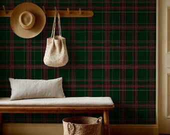 Green Tartan Wallpaper, Peel and Stick Scottish Plaid Wall Mural, Dark Academia Library