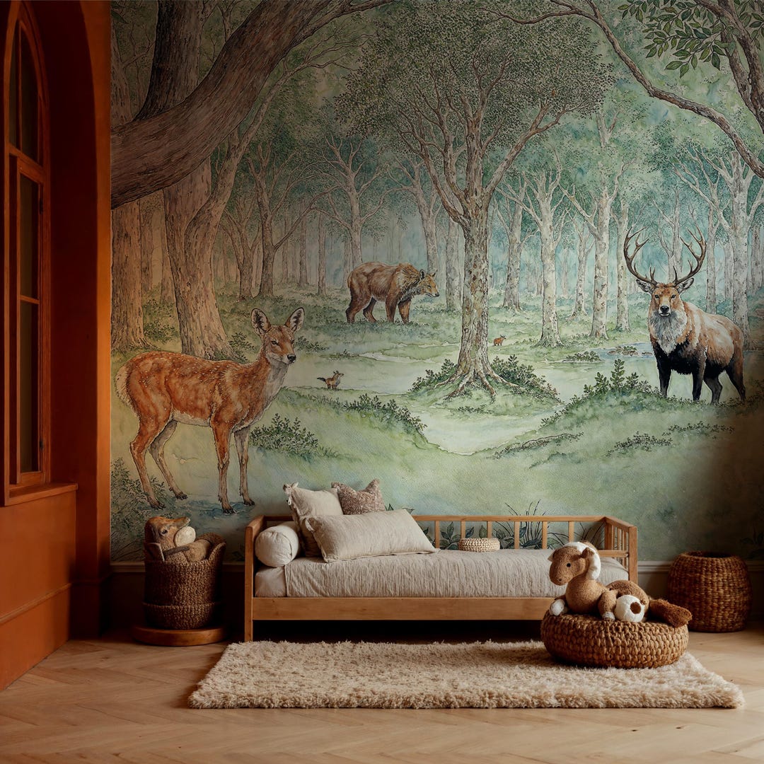 Woodland Animal Mural: Kids Forest Wallpaper With Deer, Bear, and Stag ...