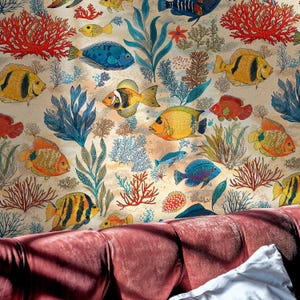 Sea Life Fish Wallpaper Peel and Stick, Under the Sea Nursery Wall Mural, Marine Theme Wallpaper, Reef Fish & Coral Mural