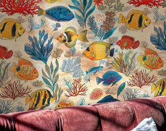 May include: A vibrant fabric design showcasing an underwater scene with fish and coral. The fish are depicted in yellow, blue, orange, and red, with intricate patterns. Red, blue, and green coral and seaweed complete the design.