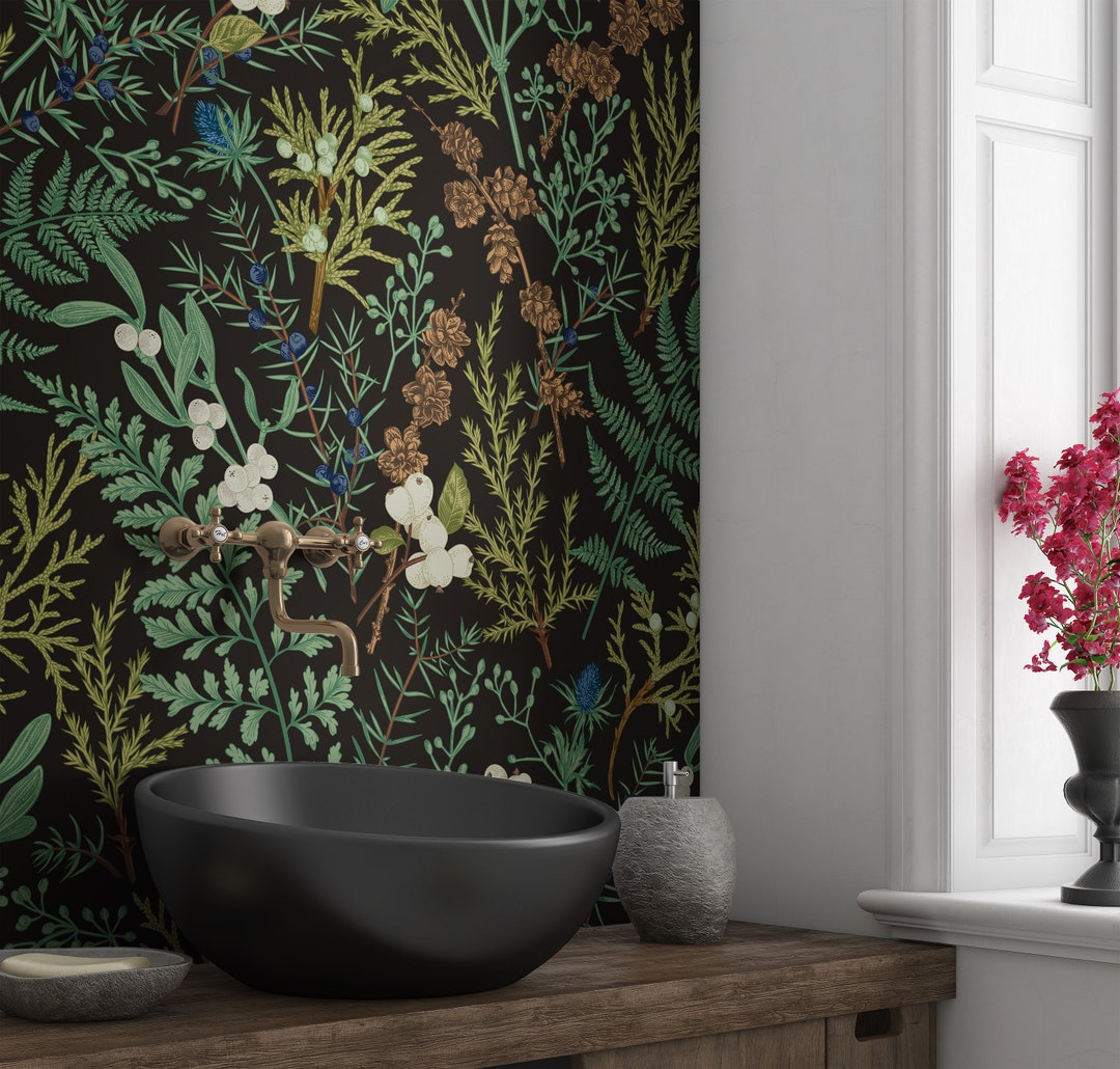 Vintage Dark Botanical Wallpaper Peel and Stick Bathroom Magical Forest ...