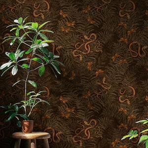 Fern Botanical Wallpaper Snake, Magic Forest Wallpaper Moody, Secret Garden Mural, Whimsical Wallpaper, Dark Botanical Wall Mural Peel Stick