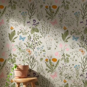 Spring Wildflower Peel and Stick Wallpaper | Soft Botanical Field Floral Wall Mural | Vintage Wildflower Wallpaper | Floral Herb Wallpaper