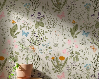 Spring Wildflower Peel and Stick Wallpaper | Soft Botanical Field Floral Wall Mural | Vintage Wildflower Wallpaper | Floral Herb Wallpaper